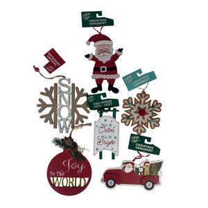 Holiday Style Christmas Wooden Ornament 6 Pc Set Santa Snowflake New